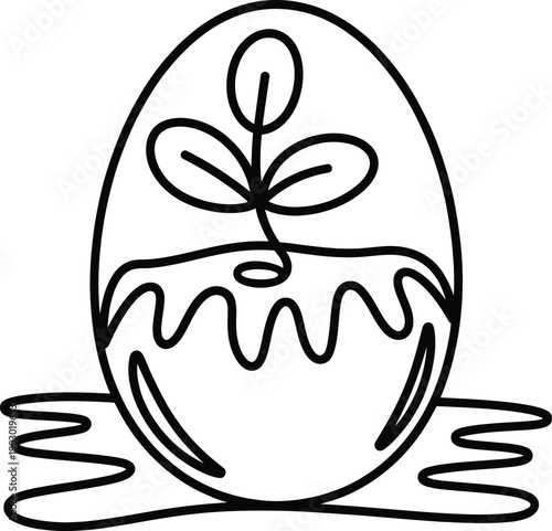 Minimal Easter Egg Line Art with Sprouting Leaf
