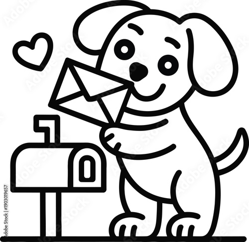Cute dog holding envelope by mailbox with heart