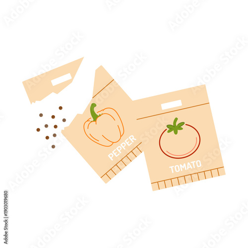 Vegetable seed packets with pepper and tomato illustration. Gardening concept with seeds and planting supplies, flat vector design for spring planting, agriculture themes and home garden projects.