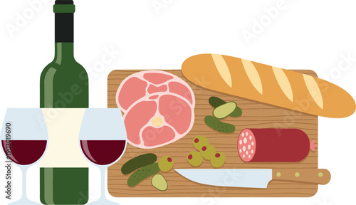 Flat vector illustration of a red wine bottle and two glasses with a charcuterie board featuring salami, ham, baguette, pickles, and olives.