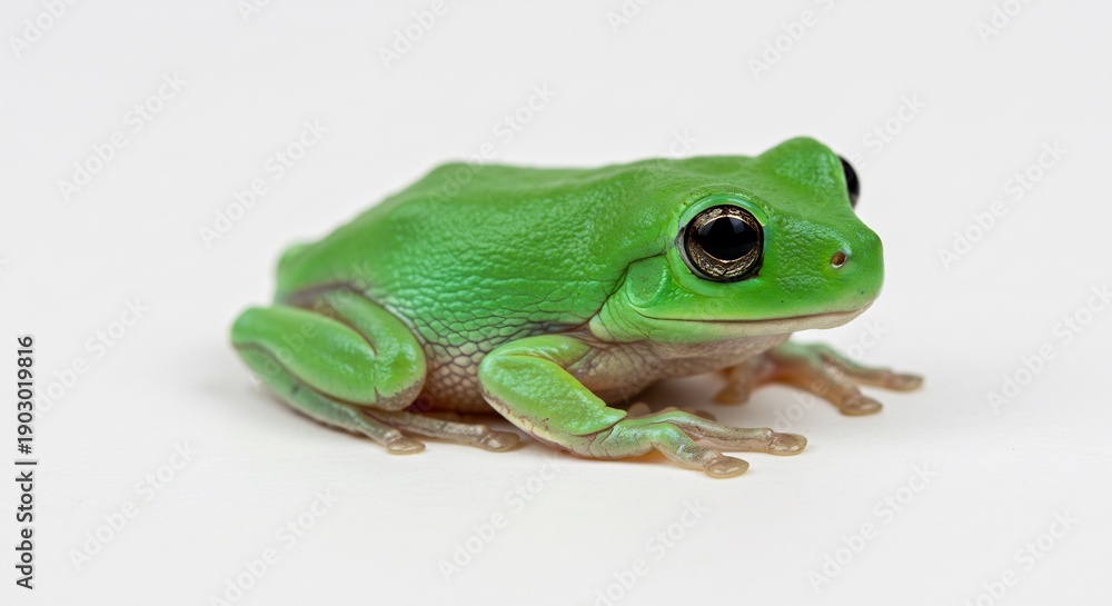 Fototapeta premium Brightly lit green tree frog calmly resting on a clean white surface its smooth vibrant skin reflecting soft studio light. AI Generated