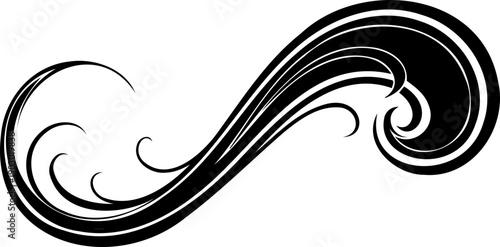 A black and white vector graphic of a stylized wave or swirl design element