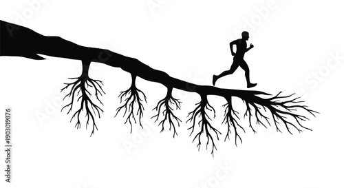 Silhouette of a determined runner moving forward on a tree branch with roots