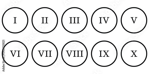 Roman numerals icon set. Roman Numeral Circle Badge Icon Set I to X, Classic Number Labels. Ancient number font.