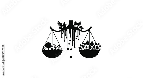 Scales of justice balancing nature and industry, symbolizing environmental balance.