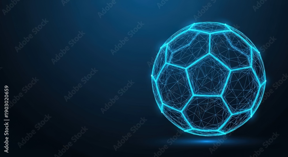 Fototapeta premium Futuristic Digital Soccer Ball With Glowing Neon Network Overlay Against Dark Blue Background