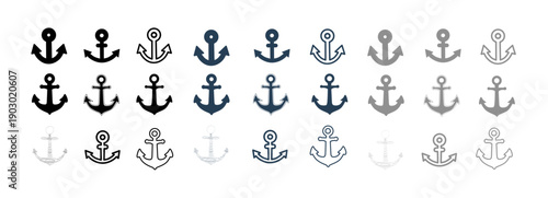 Vector anchor icon set featuring various line weights, solid fills, and nautical styles in black, blue, and grey colors