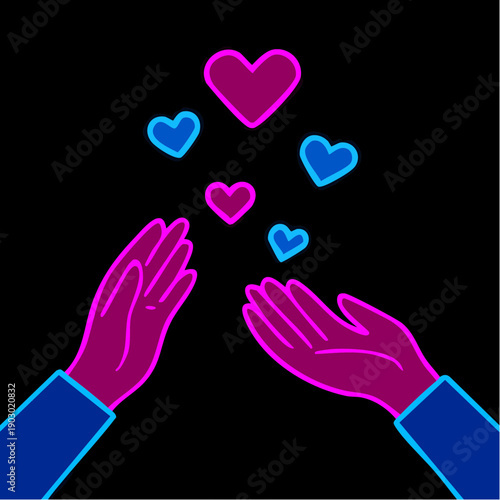 neon giving hearts: vector illustration of glowing hands releasing vibrant hearts in a bright, uplifting style