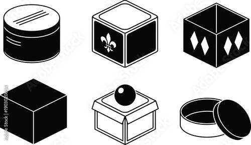 Black packaging box and container silhouette set featuring gift boxes, cosmetic jars, and storage cases, minimal product packaging vector icons isolated on white background