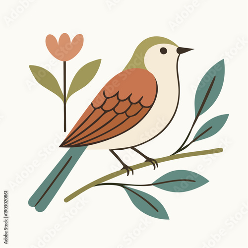 soft perch serenade: vector illustration of gentle songbird with minimal foliage in warm, modern nature style