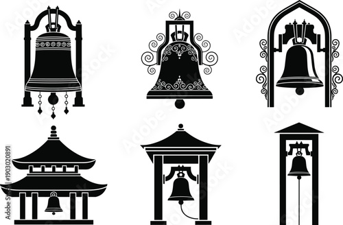 Black silhouette temple bell collection featuring traditional Asian and religious hanging bells, ornamental vector icons isolated on white background