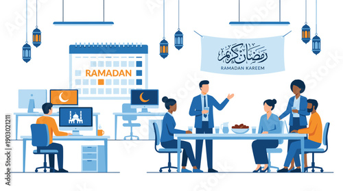 Diverse business people celebrating Ramadan in a modern office, with colleagues working and others sharing an Iftar meal together.