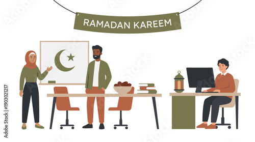 People celebrating Ramadan Kareem in an office setting, featuring a woman in hijab, a man, and another man working at a computer, with Islamic symbols and traditional items.