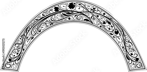 A black and white vector graphic of an ornate archway with floral patterns
