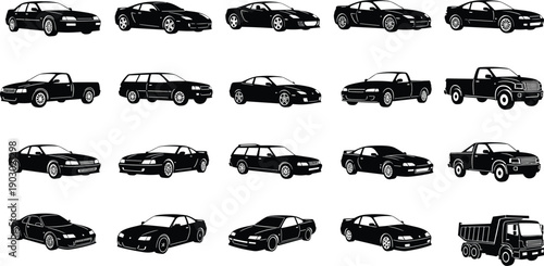 Car silhouette icon set featuring sedan coupe hatchback pickup SUV and truck vehicle types isolated on white background for transportation and automotive design projects