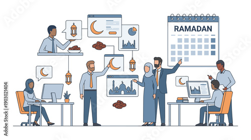 Diverse team of professionals collaborating on Ramadan-themed projects in an office environment, integrating cultural elements into business planning.