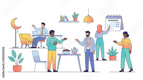 Diverse office colleagues celebrating Ramadan, working, and interacting in a modern workspace with cultural elements.