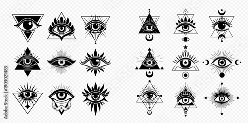 Set of all-seeing eye symbols with sacred geometry, occult, and masonic elements, isolated on transparent background.