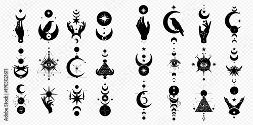 Set of mystical celestial symbols, including moon phases, stars, hands, eyes, and geometric shapes, in black and white for spiritual and occult designs.