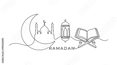 A continuous line art drawing depicting Ramadan symbols: crescent moon, mosque, lantern, and Quran, with the word "RAMADAN".