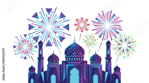 Vibrant illustration of a mosque with colorful fireworks exploding in the night sky, celebrating an Islamic festival or holiday.