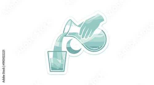 Illustration of a hand pouring water from a pitcher into a glass, with a crescent moon symbol.