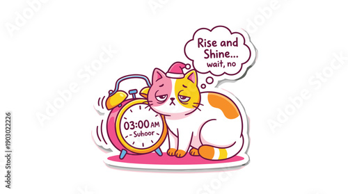 A grumpy cartoon cat in a pink sleeping cap next to an alarm clock set for 3 AM, thinking "Rise and Shine... wait, no".