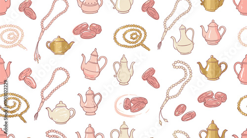 A seamless pattern featuring traditional teapots, prayer beads, and dates, reflecting Islamic or Middle Eastern cultural motifs on a white background.