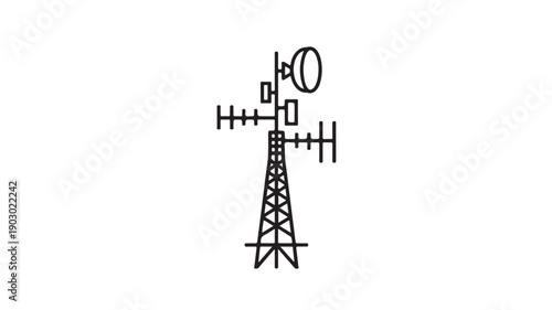 Telecommunication Tower with Antennas in Simple Line Art Style on White Background for Technical Illustration