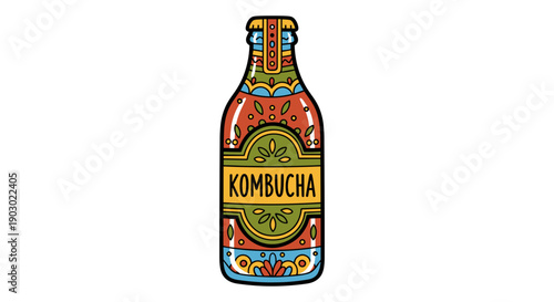Colorful labeled kombucha bottle with intricate patterns isolated on white background, showcasing vibrant artistic design and detailed illustration