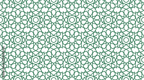 Seamless green Islamic geometric pattern on a white background, featuring repeating star and polygon shapes in a traditional ornamental design.
