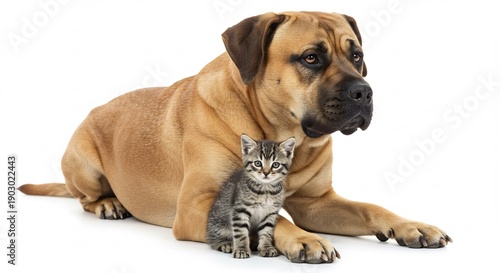 Huge docile dog affectionately lies with a small tabby kitten isolated perfectly on a bright clean white studio background. AI Generated