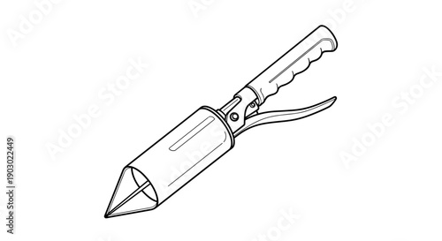 Line art illustration of a bulb planter tool isolated on a white background, featuring a detailed grip handle and pointed tip design for gardening use