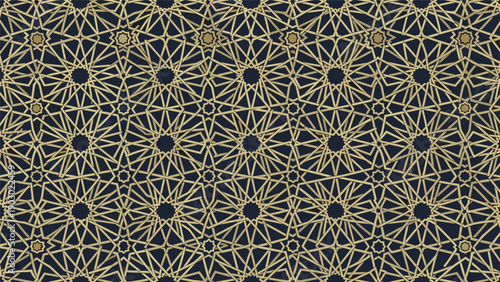 Golden geometric star polygon pattern on dark background, Islamic tessellation art with interlocking symmetry for decorative design themes