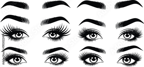 Eye and eyebrow silhouettes set in flat vector style, feminine makeup illustration collection featuring lashes and brows for beauty and cosmetic design
