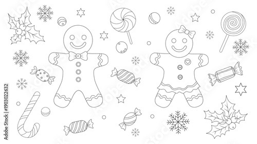 Black and white line illustration featuring a cute gingerbread man and woman surrounded by Christmas candies, Hand drawn simple outline style, isolated on a white background.