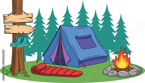 Cute cartoon camping scene with tent campfire sleeping bag forest trees signpost boots illustration, outdoor adventure nature design