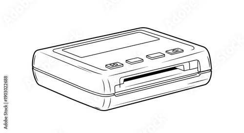 Minimalist illustration of a card reader isolated on a white background, showcasing a sleek design with buttons and a card slot