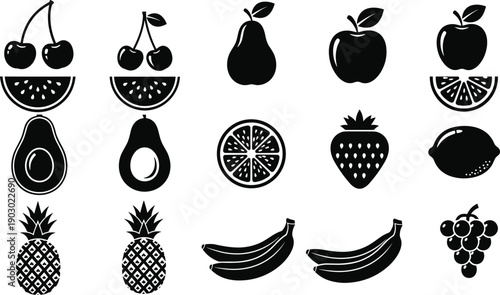 Fruit icon set in black silhouette, fresh apple, banana, cherry, pineapple, citrus, and berry symbols for food, nutrition, and healthy design concepts