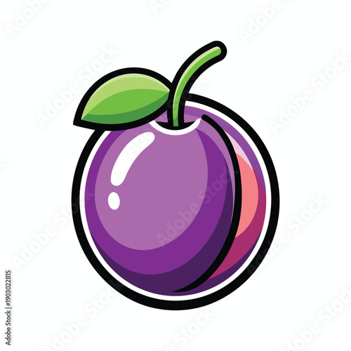 Cartoon illustration of a plump purple plum with a green stem and leaf on a white background Keywords: plum, fruit, purple, food