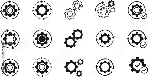 Gear and settings icon set showing process, configuration, workflow, automation, and system management symbols in solid and outline styles isolated on white background