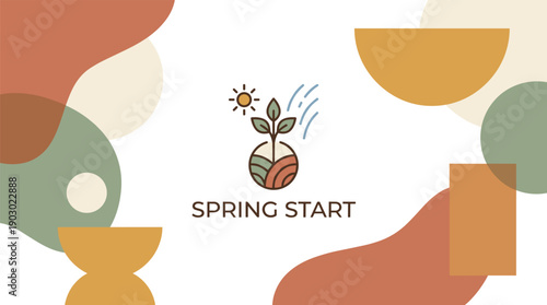 A minimalist logo design featuring a plant, sun, and rain, symbolizing growth and new beginnings, set against an abstract, earthy-toned background with the text "SPRING START".