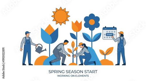 People gardening and planting flowers, celebrating the start of spring season with a calendar showing March.