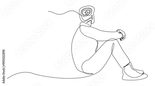 A minimalist monoline illustration of a seated human figure, drawn in a continuous single line style, featuring an abstract brain inside a head. Ideal for psychology, therapy, healthcare, etc.