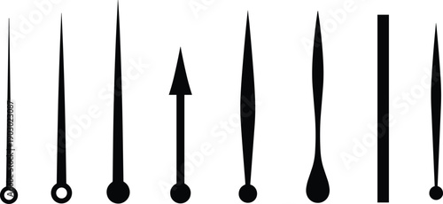 Abstract clock and speedometer needle shapes set showing various pointer styles, minimal black silhouettes for time measurement, gauges, dashboards, and infographic design
