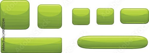 Green glossy rounded button set featuring modern UI elements, web interface controls, and game style panels in flat vector illustration isolated on white