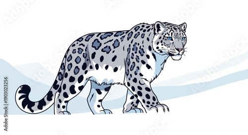A detailed illustration of a majestic snow leopard walking across a snowy, mountainous terrain.
