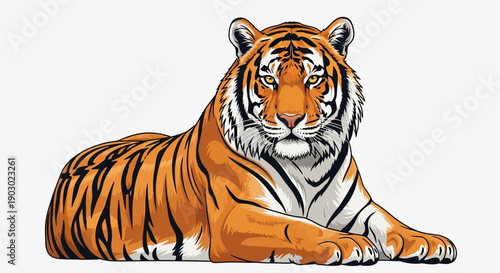 A realistic illustration of a majestic tiger lying down with its distinctive orange and black stripes clearly visible.
