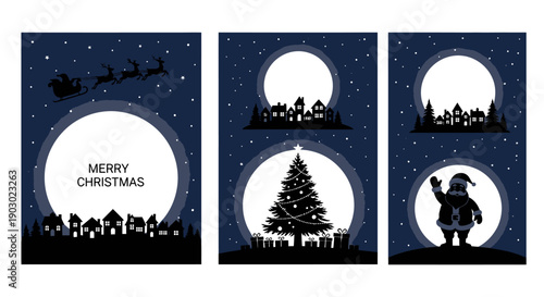 Three minimalist Christmas cards featuring silhouetted winter scenes against a starry night sky and large full moons.