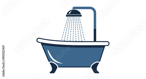 A blue clawfoot bathtub with a showerhead spraying water into it, isolated on a white background.